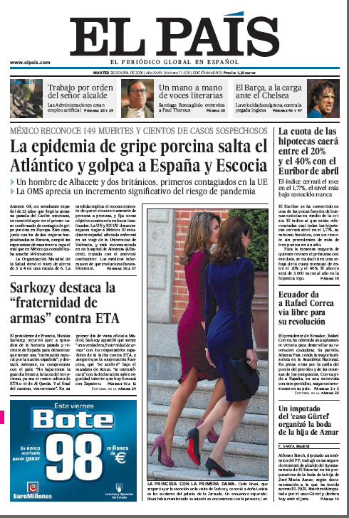 Portada del diario El País 28 de abril de 2009