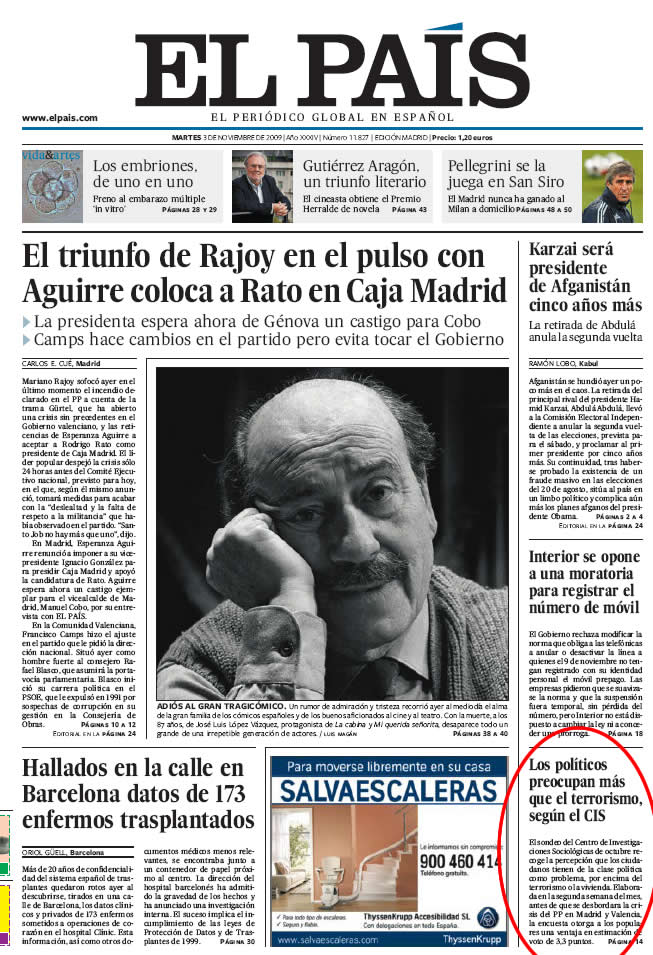 Portada de el periódico El País 3-9-2009