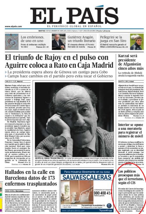 Portada de el periódico El País 3-9-2009